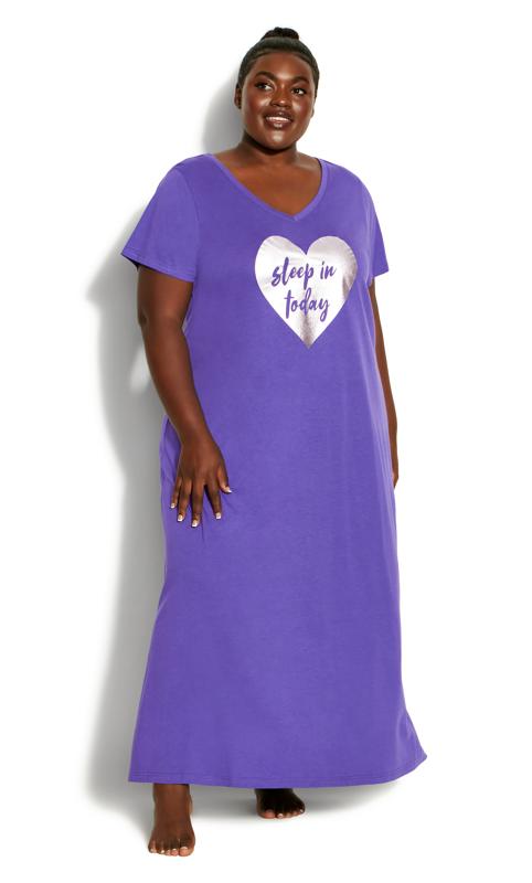  Avenue Purple Print Short Sleeve Maxi Sleep Dress