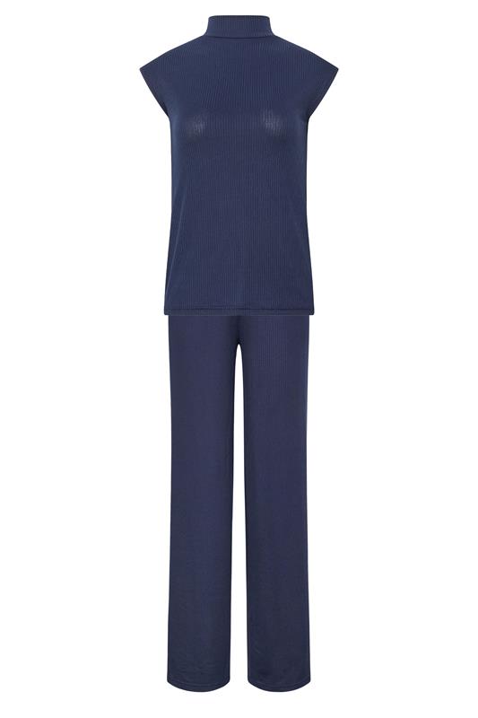 LTS Tall Women's Set Navy Blue Ribbed Tie Back Top & Wide Leg Trousers | Long Tall Sally 7