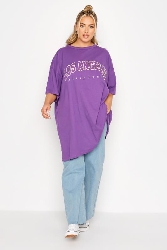 Plus Size Purple 'Los Angeles' Oversized Tunic T-Shirt Dress | Yours Clothing 2
