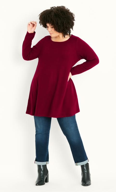 Plus Size  Evans Red Long Sleeve Scoop Neck Tunic Top
