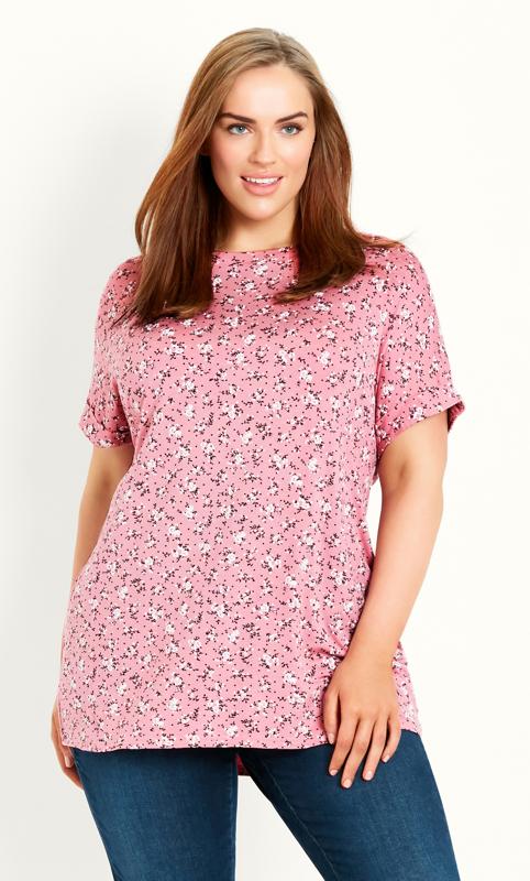 Plus Size  Evans Pink Ditsy Print T-Shirt