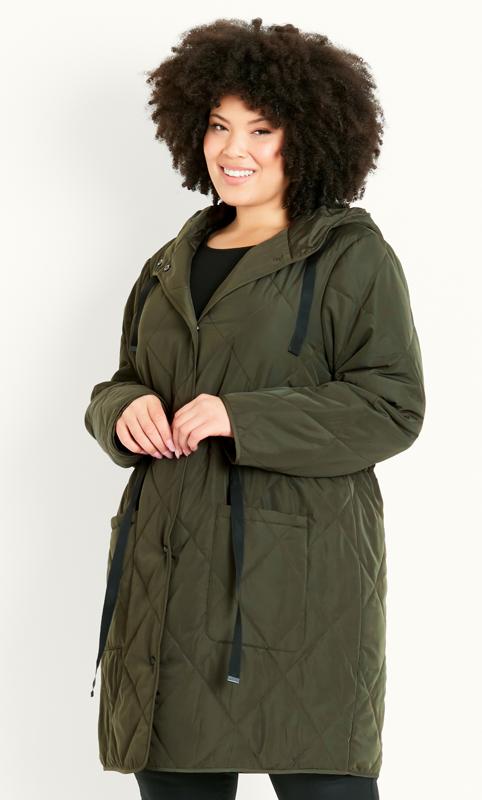Plus Size  Evans Khaki Green Quilted Drawstring Raincoat