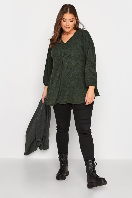 Plus Size Green Textured Pleat Front Top | Yours Clothing 2