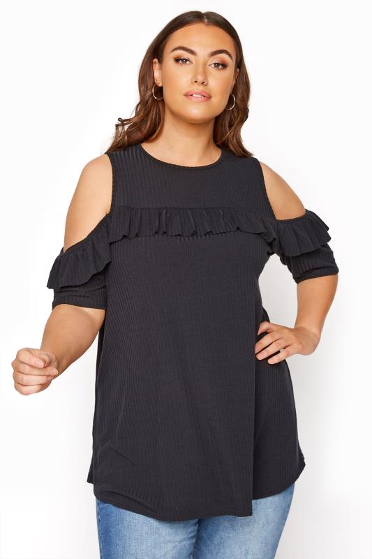 Plus Size  LIMITED COLLECTION Black Cold Shoulder Ribbed Swing Top