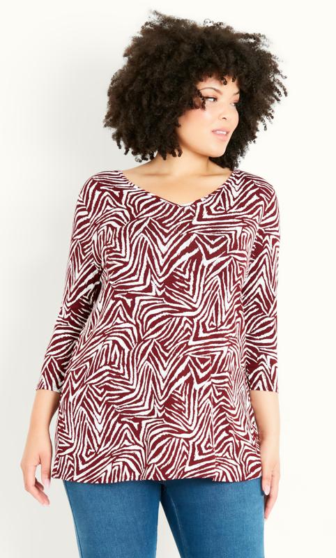 Plus Size  Evans Burgundy Red Zebra Print 3/4 Sleeve T-Shirt