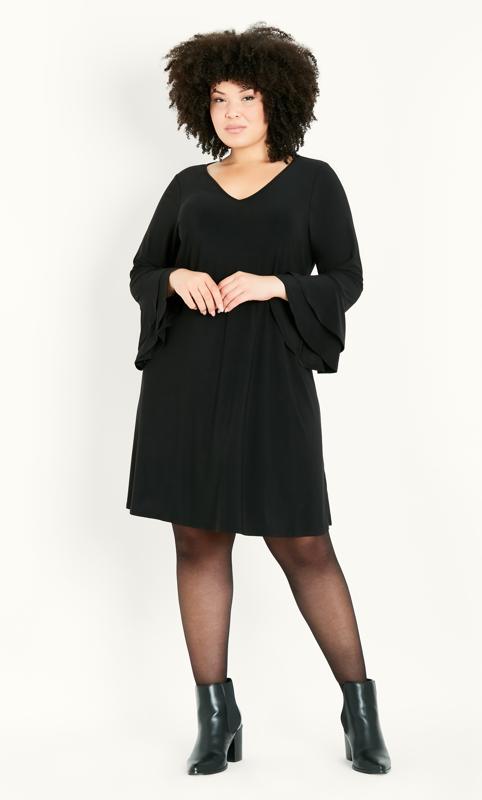 Plus Size  Evans Black Frill Sleeve Plain Dress