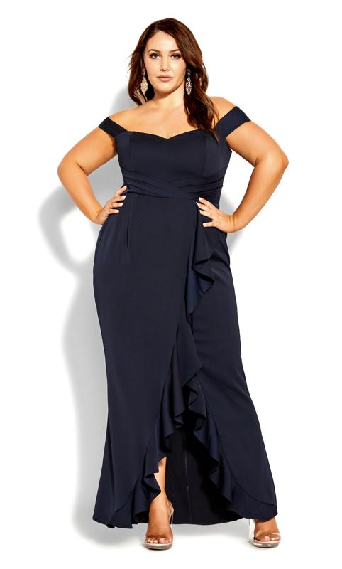 Plus Size  City Chic Navy Cold Shoulder Ruffle Occasion Maxi Dress