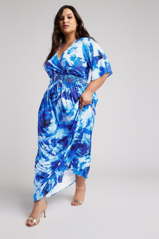 YOURS LONDON Plus Size Blue Floral Angel Sleeve Maxi Dress | Yours Clothing 1