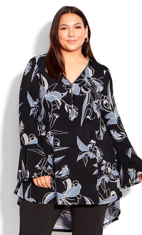Evans Black Floral Flare Sleeve Tunic Top 1