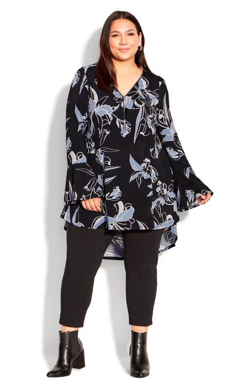 Evans Black Floral Flare Sleeve Tunic Top 2