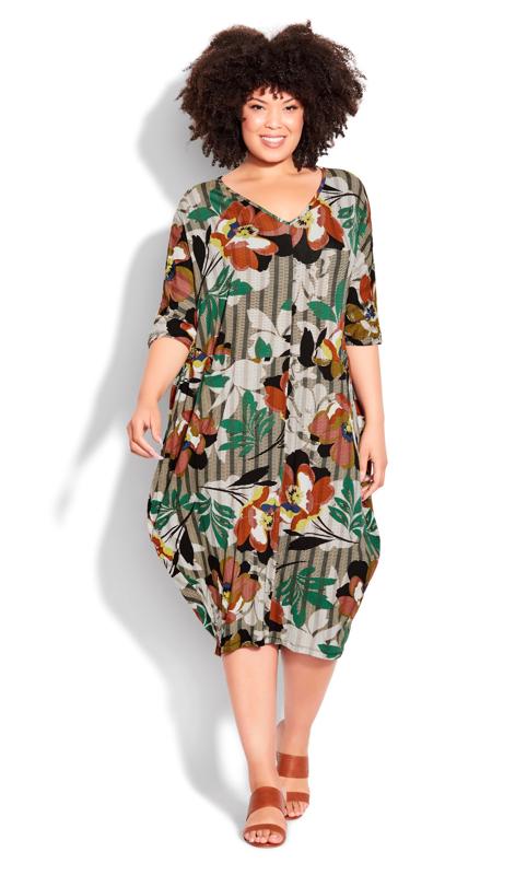 Plus Size  Evans Brown Stripe & Floral Mixed Print Midi Dress