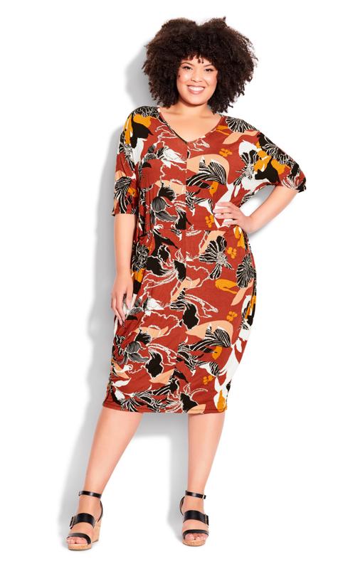 Plus Size  Evans Orange Floral Print Midi Dress