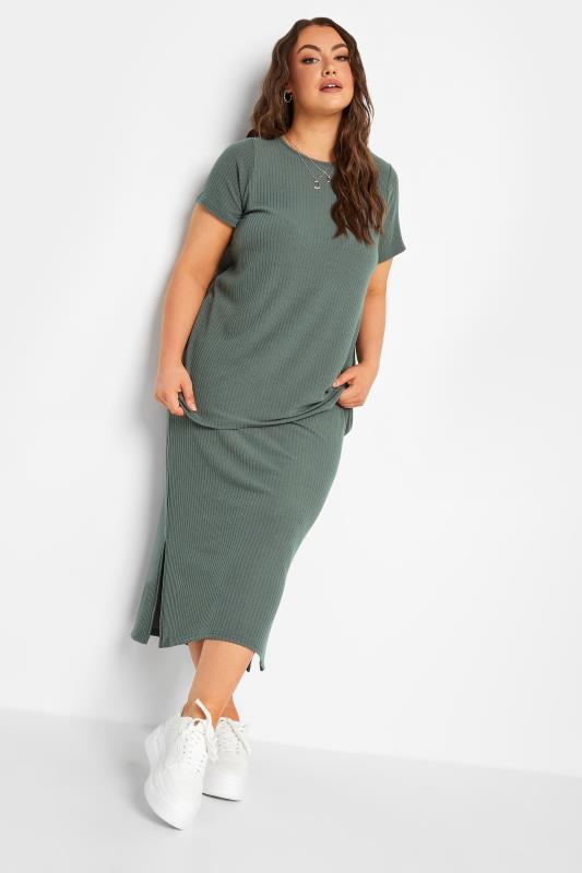 YOURS Plus Size Sage Green Ribbed T-Shirt | Yours Clothing 3