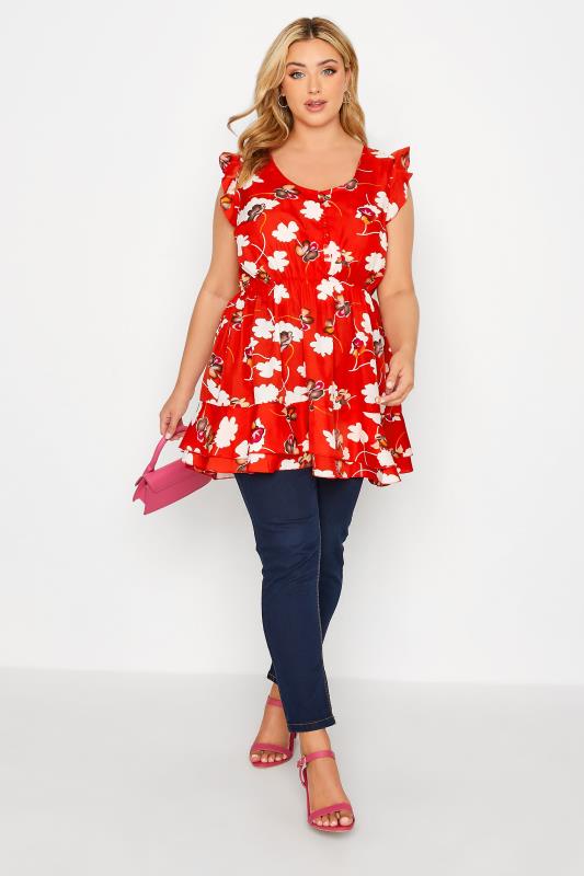 Curve Red Floral Print Frill Sleeve Smock Top 2