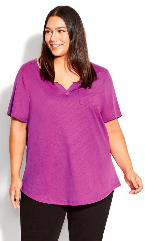 Plus Size  Evans Purple V-Neck Pocket T-Shirt