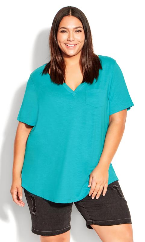  Tallas Grandes Avenue Turquoise Blue V-Neck Pocket T-Shirt