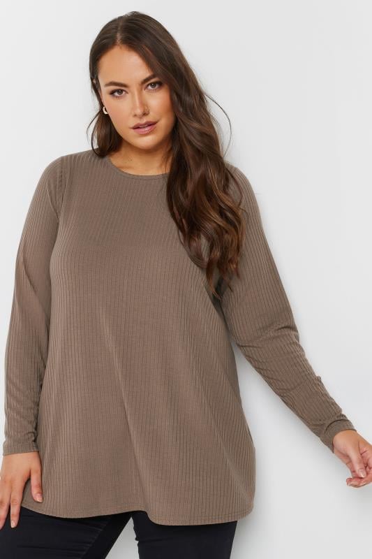  Grande Taille YOURS Curve Brown Ribbed Swing T-Shirt