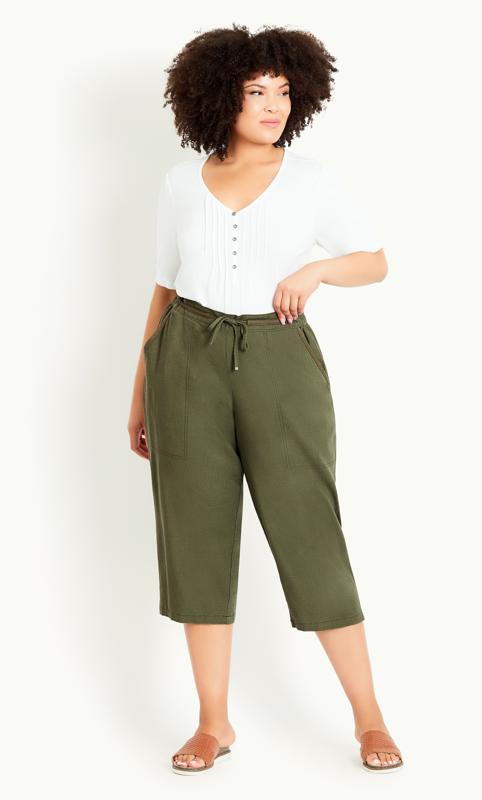 Plus Size  Evans Khaki Green Elasticated Waist Cropped Trousers