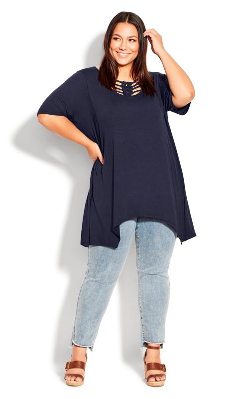 Plus Size  Evans Navy Cut Out Knotted T-Shirt