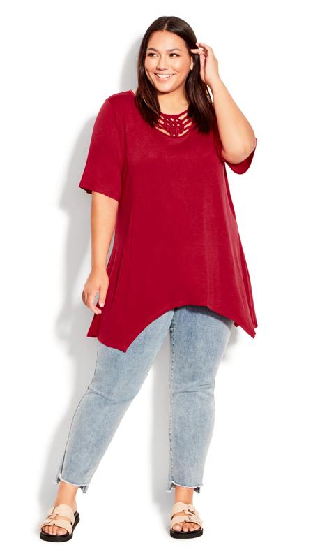Plus Size  Avenue Burgundy Red Knotted Cut Out Longline Tunic