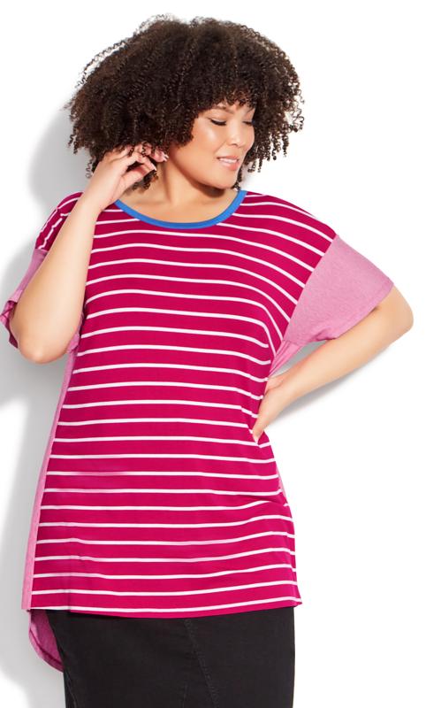 Evans Pink Stripe Colourblock T-Shirt 1