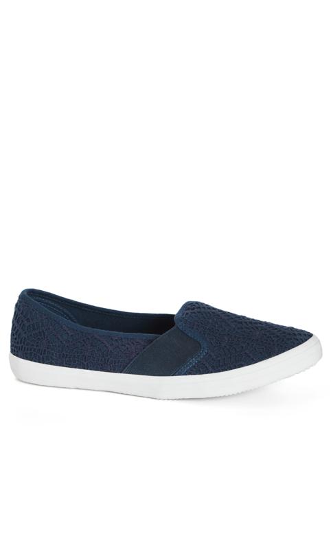 Evans WIDE FIT Navy Blue Broderie Anglaise Slip On Trainers 1