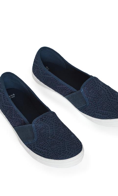 Evans WIDE FIT Navy Blue Broderie Anglaise Slip On Trainers 6