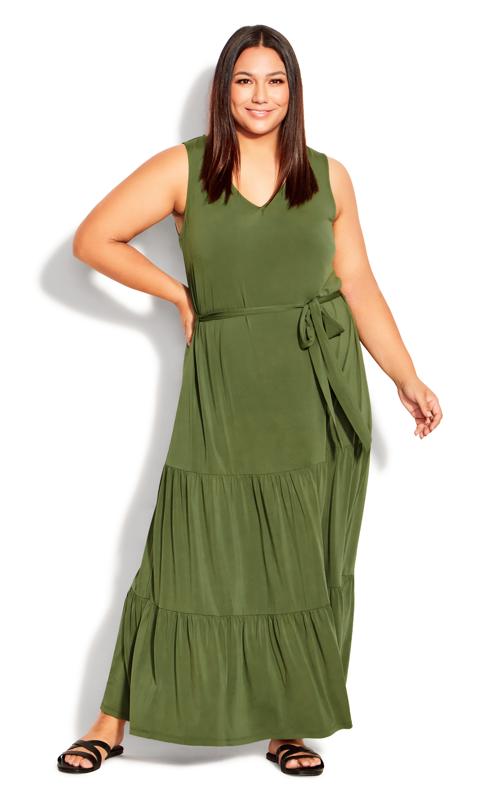 Tiered Plain Olive Maxi Dress 1