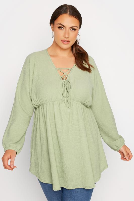 LIMITED COLLECTION Plus Size Sage Green Crinkle Lace Up Peplum Blouse | Yours Clothing 1