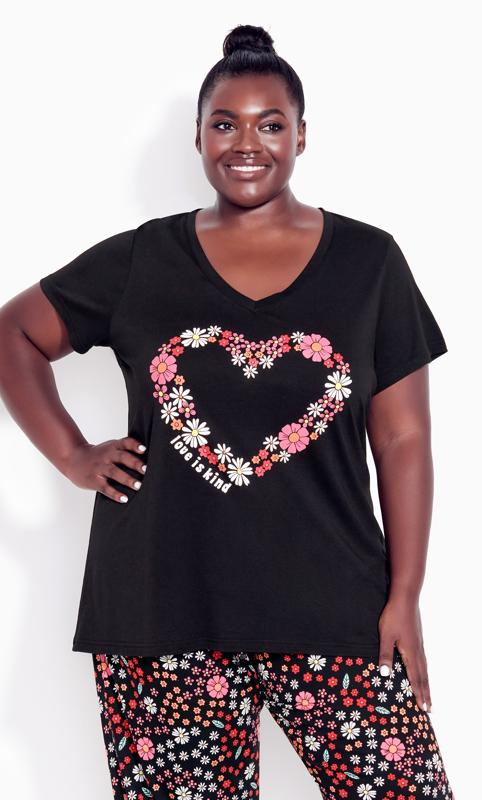 Plus Size  Avenue Black Floral Heart Print Pyjama Top