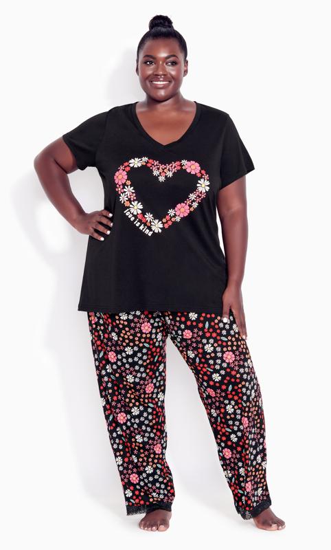 Evans Black Floral Heart Print Pyjama Top 2