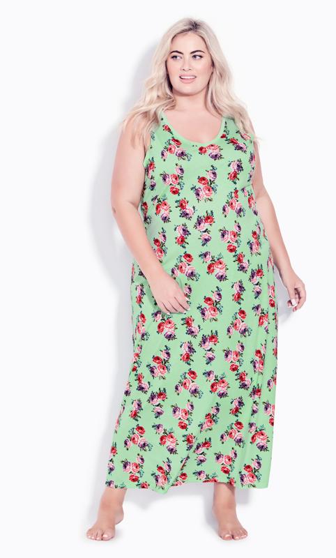 Plus Size  Avenue Green Sleeveless Print Maxi Nightdress