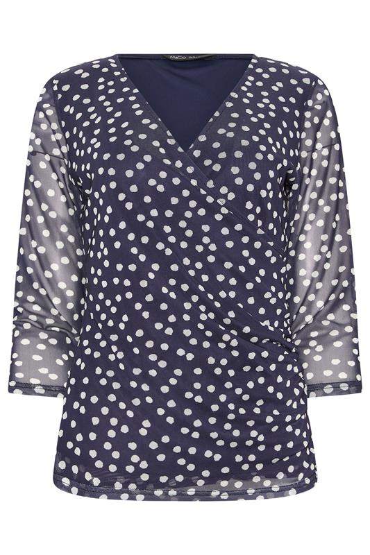 M&Co Navy Blue Polka Dot Mesh Sleeve Wrap Top | M&Co 5