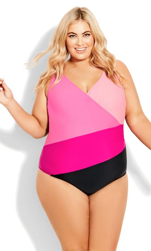 Evans Pink Colourblock Swimsuit 1