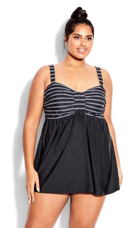 Flared Black Stripe Print Swim Dress 2