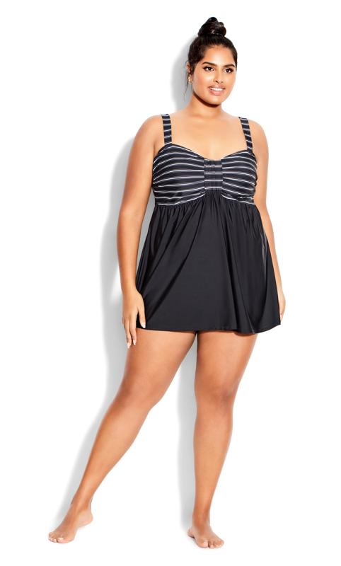 Flared Black Stripe Print Swim Dress 1