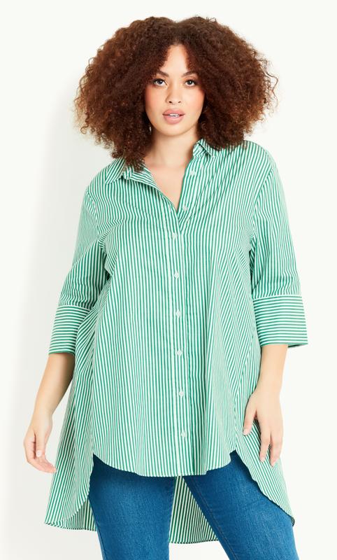 Evans Green & White Stripe Oversized Dipped Hem Shirt 4
