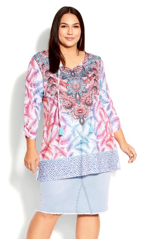 Evans Blue & Pink Feather Print Tunic Top 1