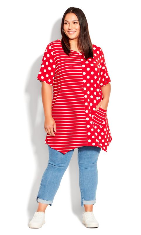 Evans Red Strip & Polka Dot Print Hanky Hem T-Shirt 4
