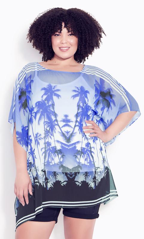 Evans Blue Palm Print Sheer Mesh Shirt 2