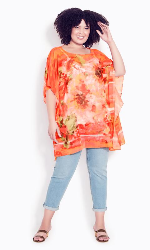 Plus Size  Evans Orange Floral Print Chiffon Blouse