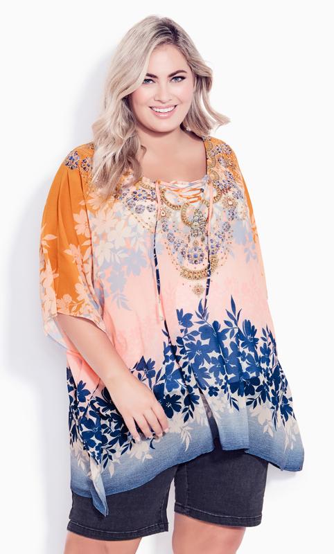 Plus Size  Evans Pink & Orange Floral Print Embellished Hanky Hem Top