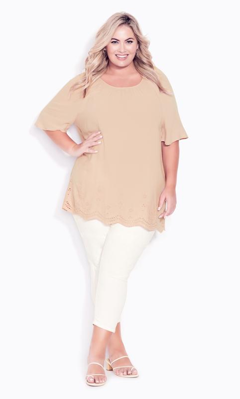 Plus Size  Evans Beige Brown Broderie Anglaise Hem Top