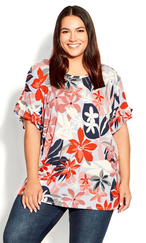 Evans Grey & Red Floral Frill Top 1