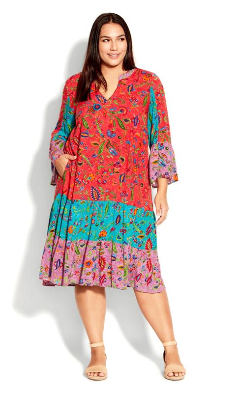 Plus Size  Evans Red Floral Print Smock Tunic Dress