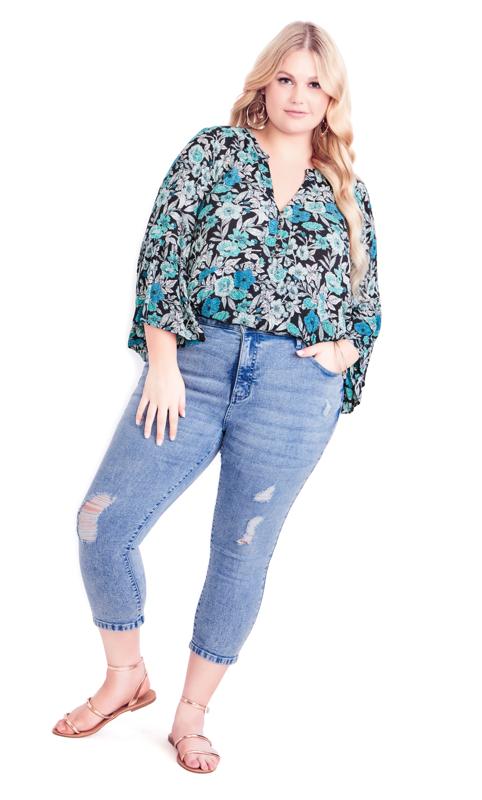 Plus Size  Evans Blue Mid Wash Ripped Cropped Jeans