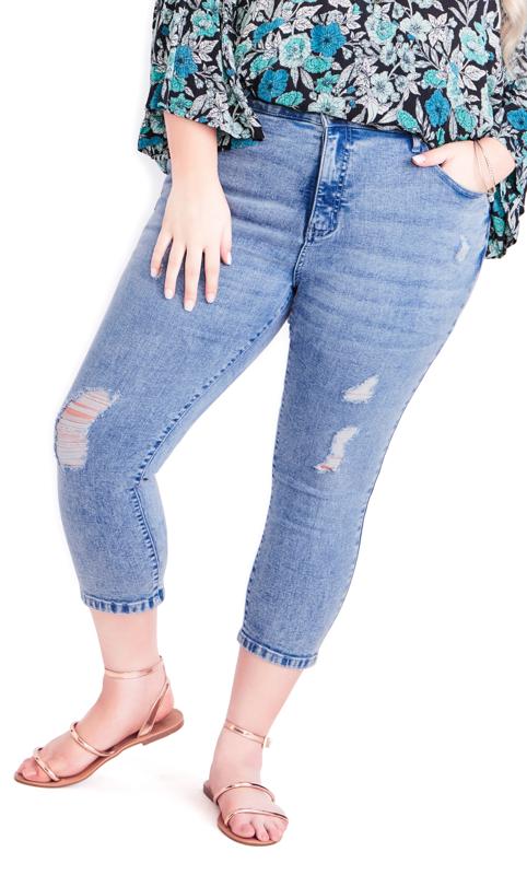Evans Blue Mid Wash Ripped Cropped Jeans 3