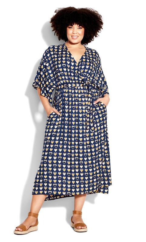 Loralette Navy & Yellow Heart Print Wrap Maxi Dress 1