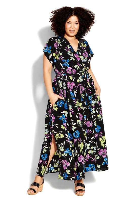Plus Size  City Chic Black & Bright Floral Wrap Maxi Dress