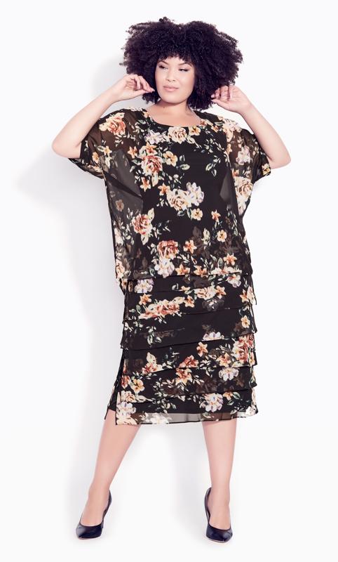 Plus Size  Evans Black Floral Print Overlay Dress